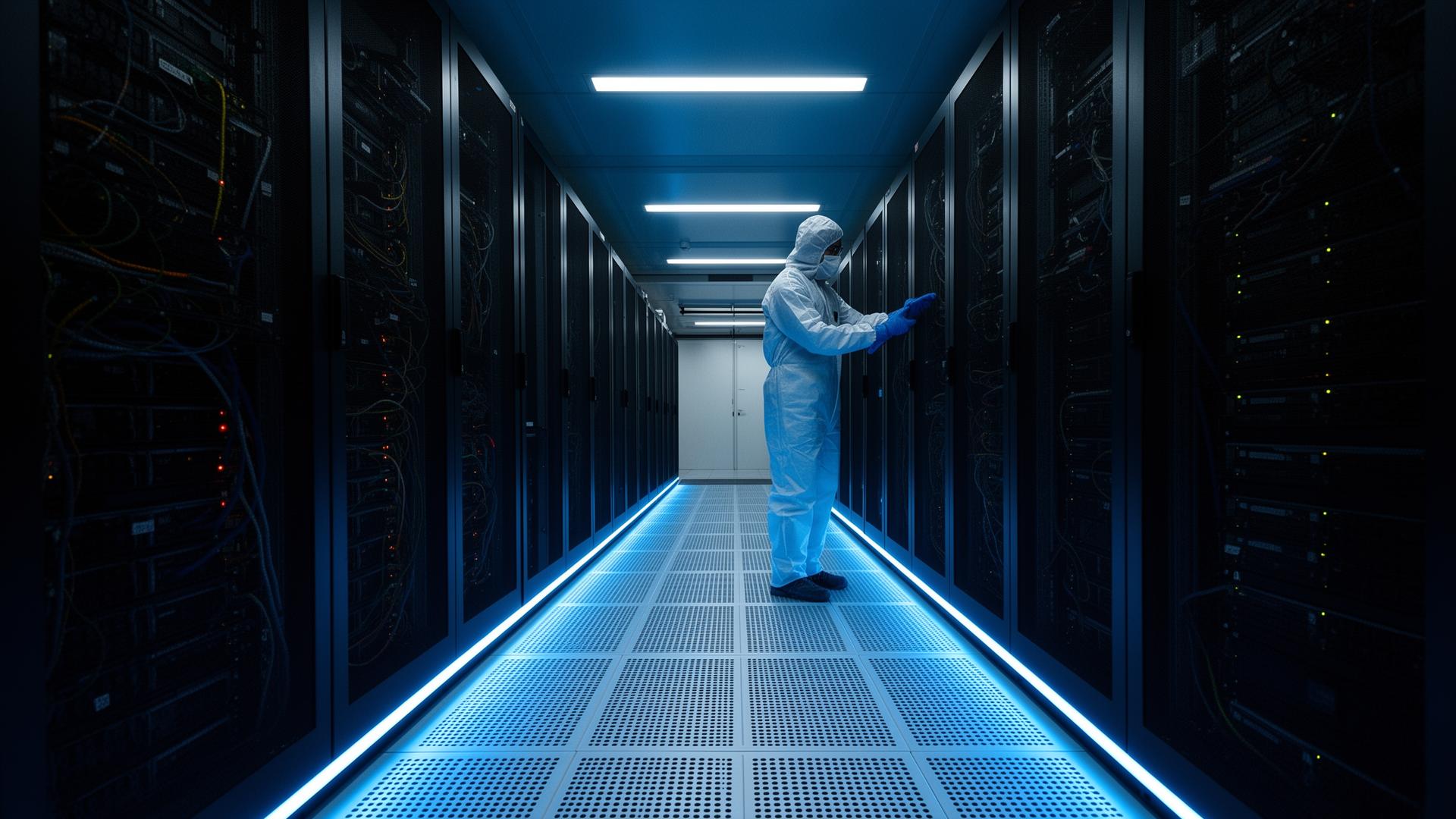 ESD-safe technician cleaning a cold aisle of server racks inside a mission critical data center